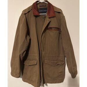 Vintage Structure Mens Brown Canvas Chore Jacket Leather Collar Flawed Coat Med